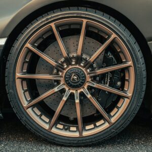 a close up of a wheel on a car